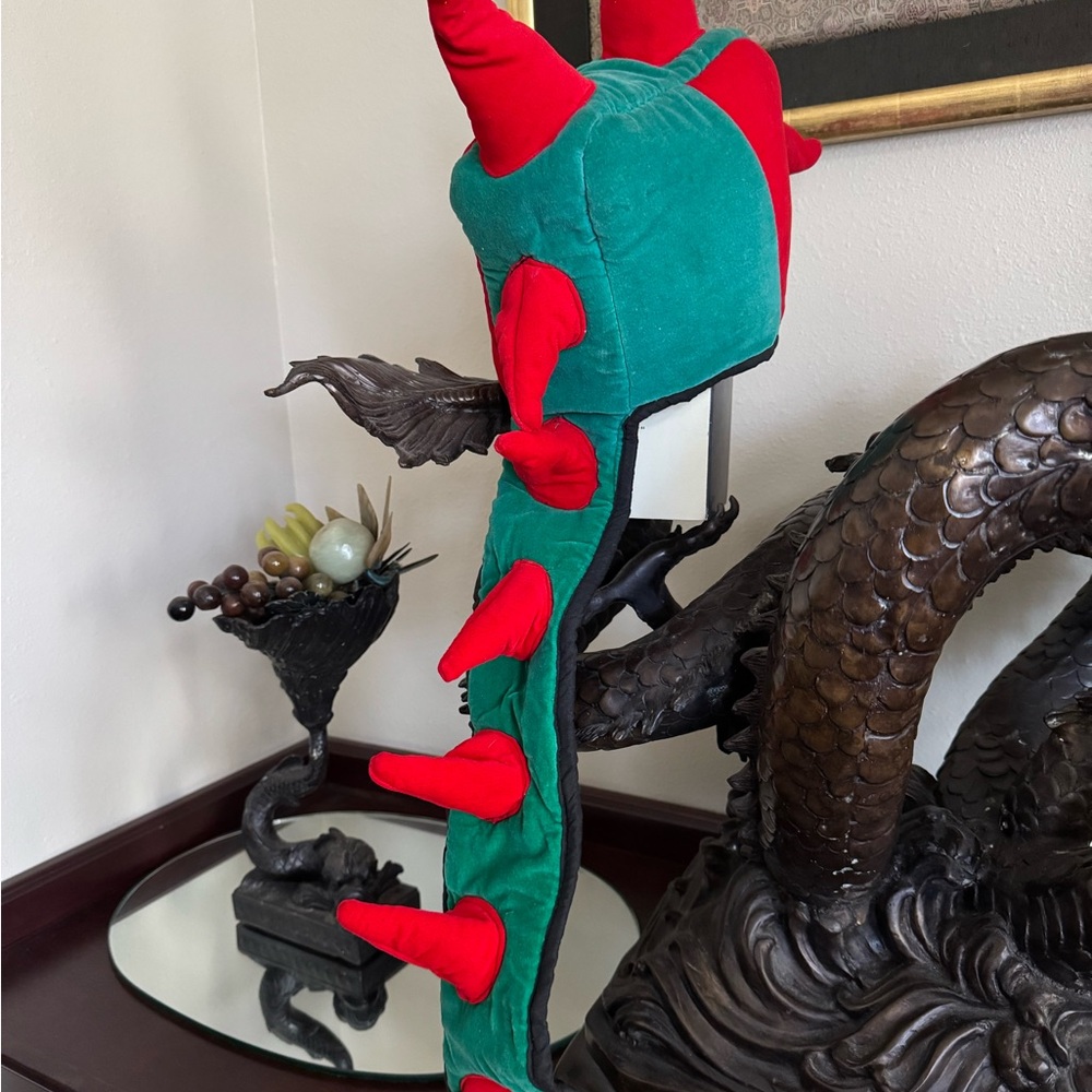 Green and Red Cotton Velvet Dragon Hat with Spiked Tail